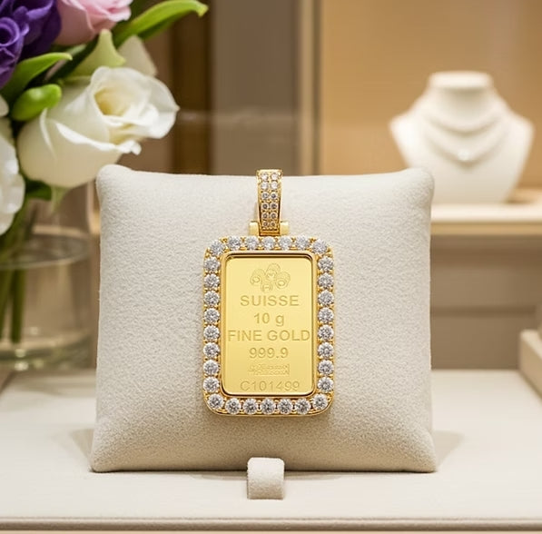 Ciondolo in oro con Lingotto 24k da 10 Gr e diamanti naturali 1.10ct