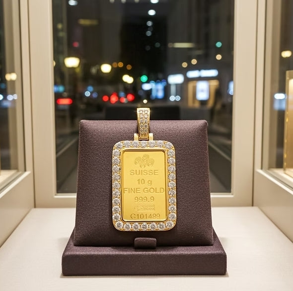 Ciondolo in oro con Lingotto 24k da 10 Gr e diamanti naturali 1.10ct