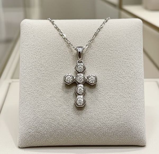Collana croce con ciondolo - 18 carati Oro Bianco - 0,60 ct Diamanti Naturale