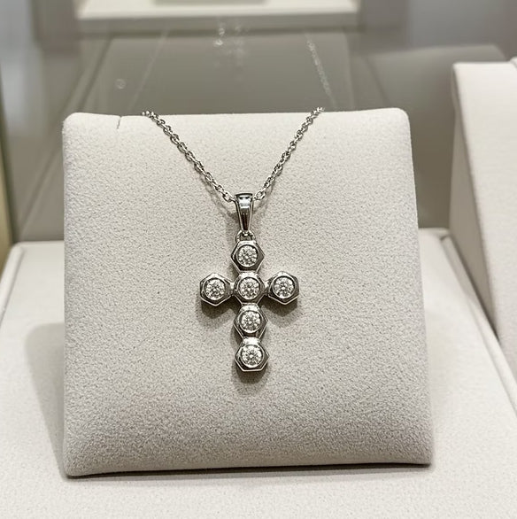 Collana croce con ciondolo - 18 carati Oro Bianco - 0,60 ct Diamanti Naturale