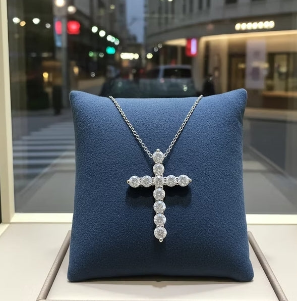 Collana croce con ciondolo - 18 carati Oro Bianco - 1,10 ct Diamanti Naturali