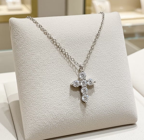 Collana croce con ciondolo - 18 carati Oro Bianco - 0,60 ct Diamanti Naturale