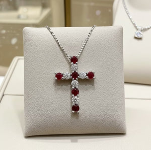 Ciondolo croce in oro bianco e rubino e diamanti naturali 2.96ct
