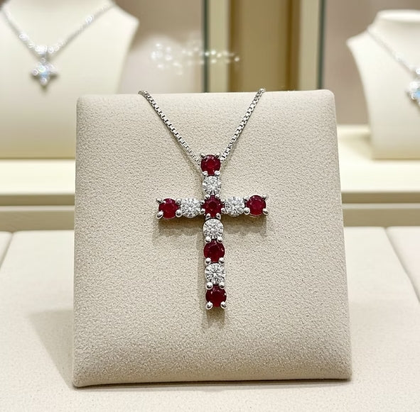 Ciondolo croce in oro bianco e rubino e diamanti naturali 2.96ct