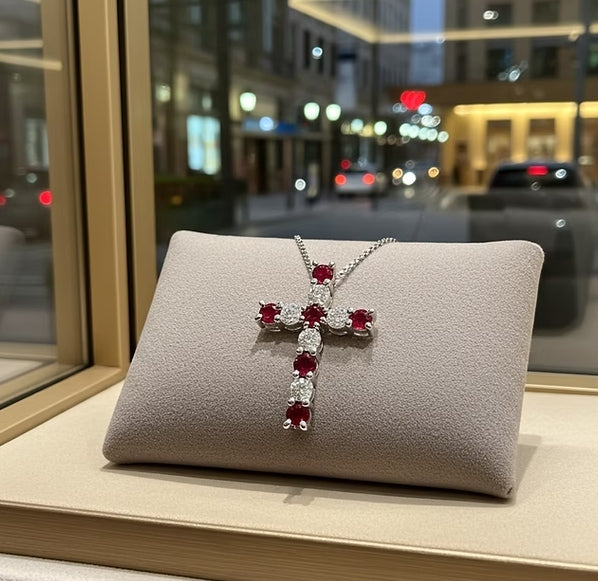 Ciondolo croce in oro bianco e rubino e diamanti naturali 2.96ct