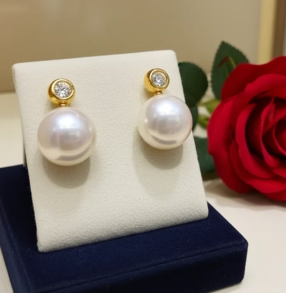 Orecchini - 18 carati Oro Giallo - Diamanti Naturali 0,20ct - Perla bianca 9 mm