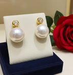 Orecchini - 18 carati Oro Giallo - Diamanti Naturali 0,20ct - Perla bianca 9 mm