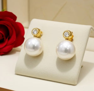 Orecchini - 18 carati Oro Giallo - Diamanti Naturali 0,20ct - Perla bianca 9 mm