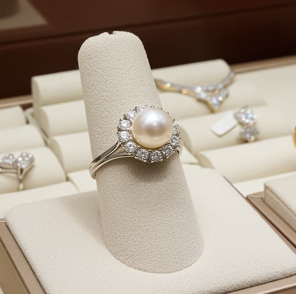 Anello - Oro bianco 18 kt- Perle Naturale Australiano - 1,08 ct Diamante Natural