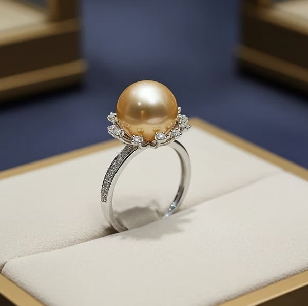 Anello - Oro bianco 18 kt, rotondo, 12 mm - Perle Naturale Australiano - Diamant