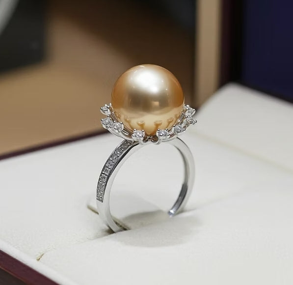 Anello - Oro bianco 18 kt, rotondo, 12 mm - Perle Naturale Australiano - Diamant