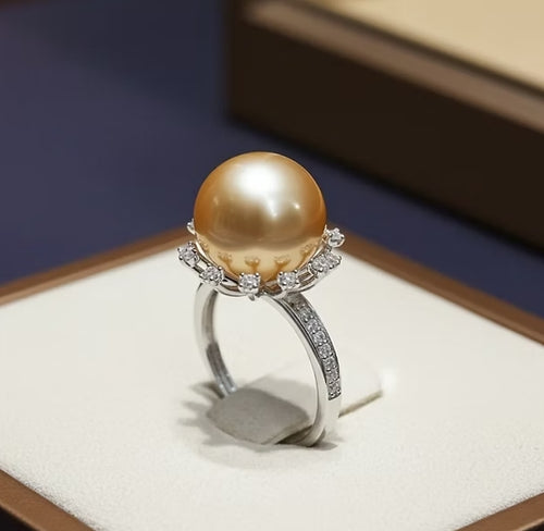 Anello - Oro bianco 18 kt, rotondo, 12 mm - Perle Naturale Australiano - Diamant