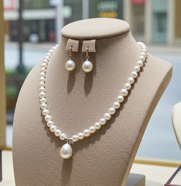 Set Collana e Orecchi con perla naturale in Oro Bianco 18k