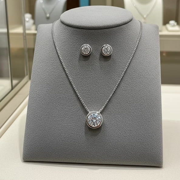 Set Completo in Oro Bianco 18k - Collana e Orecchini con diamante naturale 0,30 ct