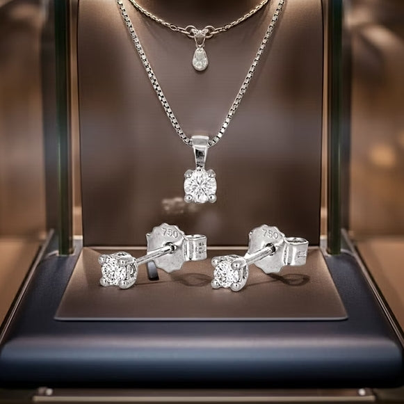 Set Completo in Oro Bianco 18k - Collana e Orecchini con diamante naturale 1,05 ct