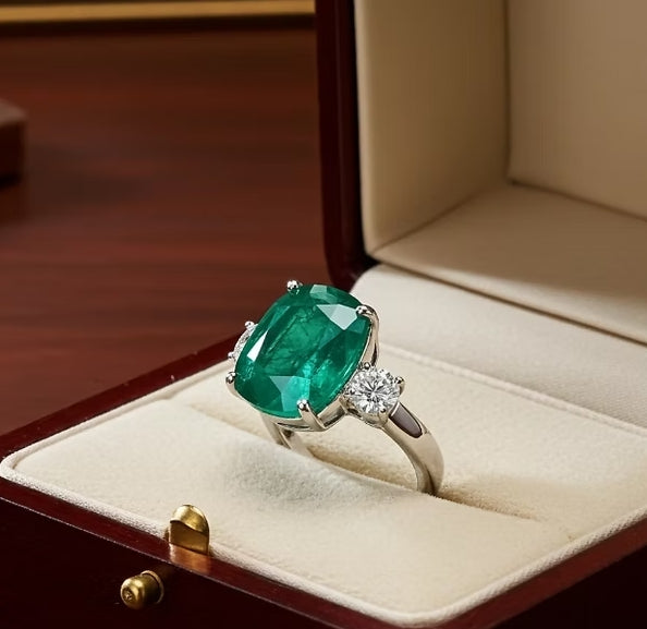 Anello trology in oro bianco e smeraldo 7.30 ct e diamanti naturali 0.50ct