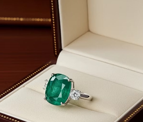 Anello trology in oro bianco e smeraldo 7.30 ct e diamanti naturali 0.50ct