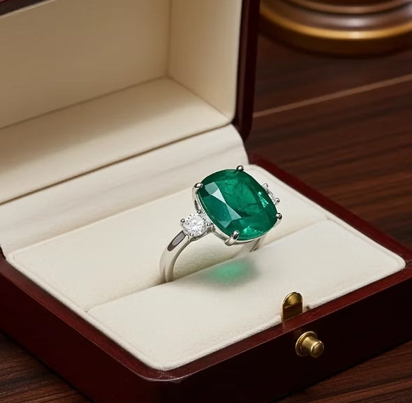 Anello trology in oro bianco e smeraldo 7.30 ct e diamanti naturali 0.50ct