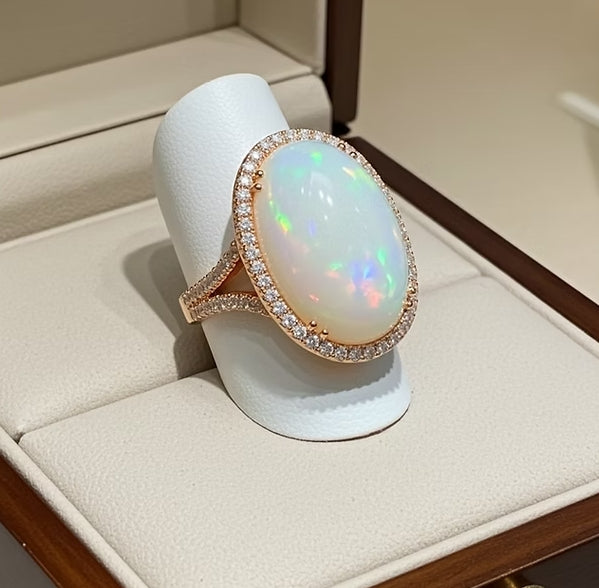 Anello in oro giallo e diamanti naturali 0.81ct e opale 16.30ct
