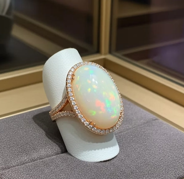 Anello in oro giallo e diamanti naturali 0.81ct e opale 16.30ct