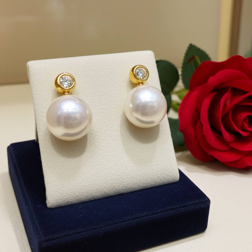 Orecchini - 18 carati Oro Giallo - Diamanti Naturali 0,20ct - Perla bianca 9 mm